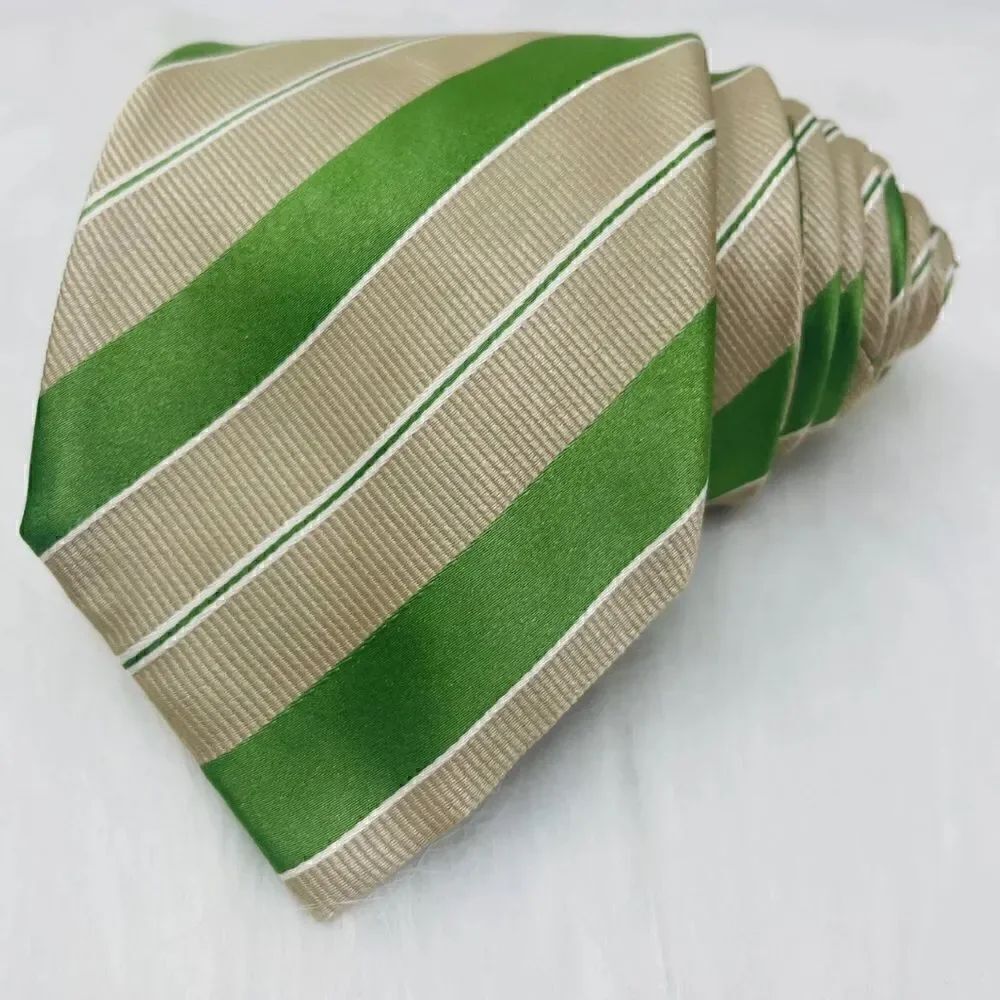 Banana Republic Mens Tan Green & White Striped Necktie